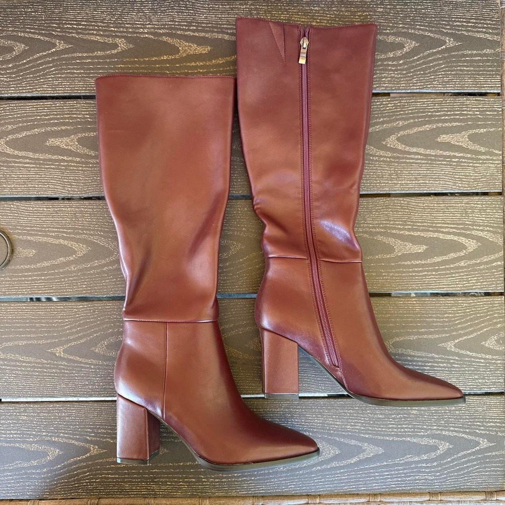 Women's Burgundy/Brown Leather Look Knee High Boots with Block Heel